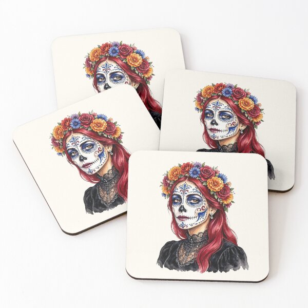 Item preview, Dia de los Muertos Sugar Skull Watercolor Woman with Red Hair and Marigold Crown  designed and sold by SweetLilith.