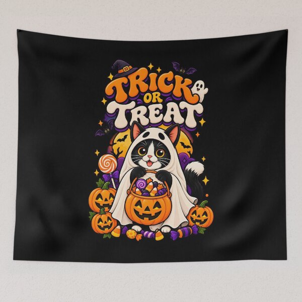 Item preview, Trick or Treat Halloween Cat Ghost Pumpkin designed and sold by Retro Whiskers.