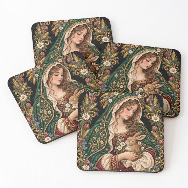 Item preview, Renaissance Rabbit Madonna Embroidery – Cottagecore Floral Mother and Bunny Art designed and sold by Emoji Emblems.