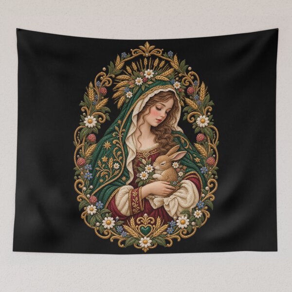 Artikelvorschau, Renaissance-Hasen-Madonna-Stickerei – Florale Kunst im Cottagecore-Stil mit Mutter und Hase entworfen und verkauft von Emoji Emblems.