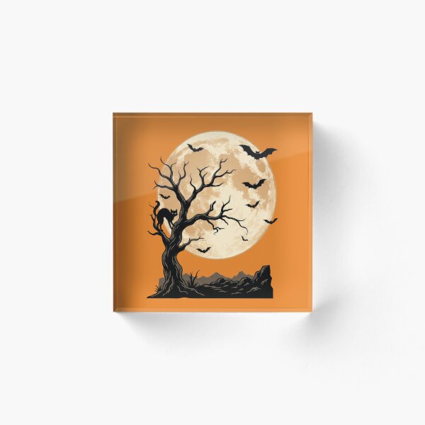 Aperçu de l'œuvre Silhouette effrayante d'une nuit d'Halloween - Chat, chauves-souris et pleine lune créée et vendue par TontikDesign.