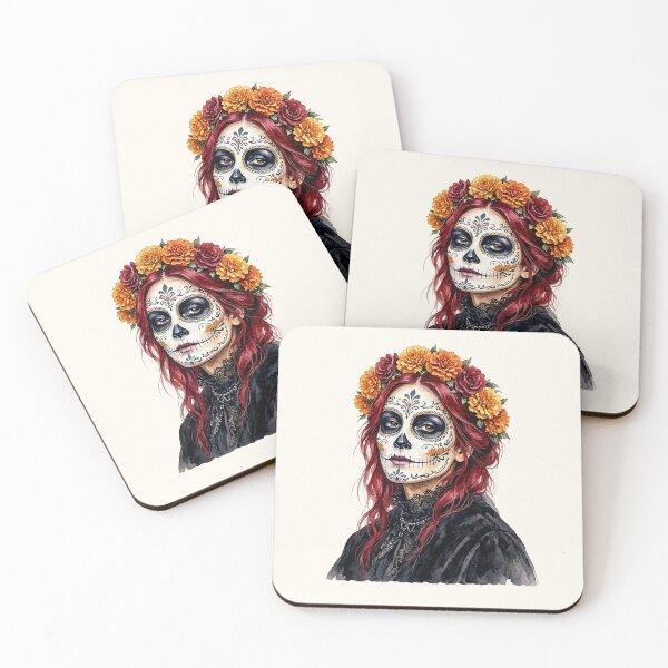 Item preview, Dia de los Muertos Sugar Skull Woman with Red Hair and Marigold Crown  designed and sold by SweetLilith.