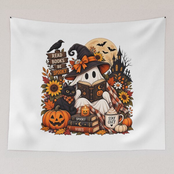 Item preview, Spooky Cozy Halloween Ghost Reading Books Autumn Witch Hat Cat Pumpkin designed and sold by afr-saad.