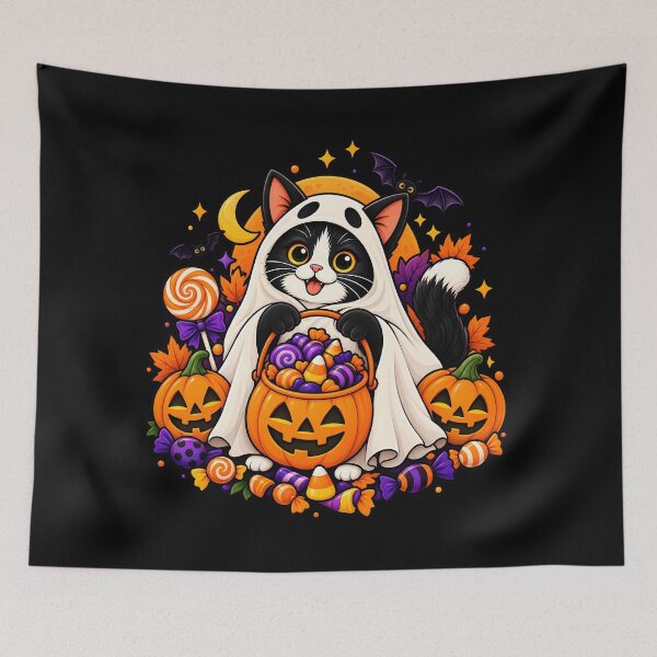 Item preview, Cute Halloween Ghost Cat Pumpkin Candy designed and sold by Retro Whiskers.