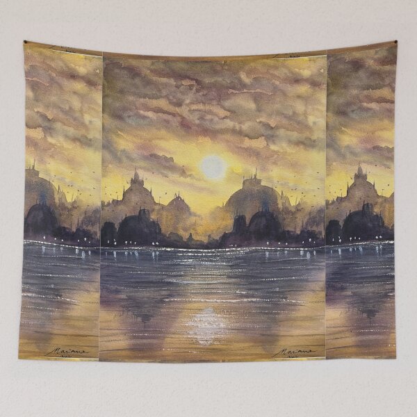 Item preview, Atmospheric Watercolour Cityscape Print, Dusk Wall Art | City of Dusk designed and sold by ArithraStudio.