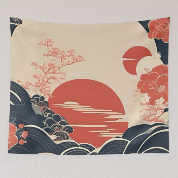 Item preview, Japanese Red Sun Floral Waves Vintage Ukiyo-e Art designed and sold by LYAN-STORE.