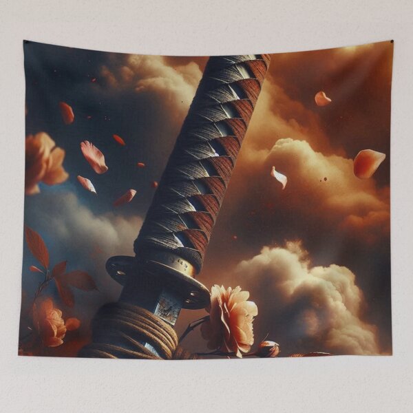 Item preview, Katana Sword Roses Floating Petals Sunset Clouds Japanese Art designed and sold by LYAN-STORE.