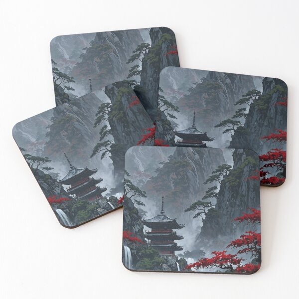 Item preview, Japanese Pagoda Misty Mountain Waterfall Red Maple Trees Landscape designed and sold by LYAN-STORE.