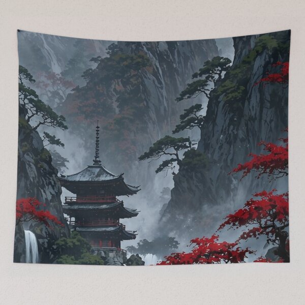 Item preview, Japanese Pagoda Misty Mountain Waterfall Red Maple Trees Landscape designed and sold by LYAN-STORE.