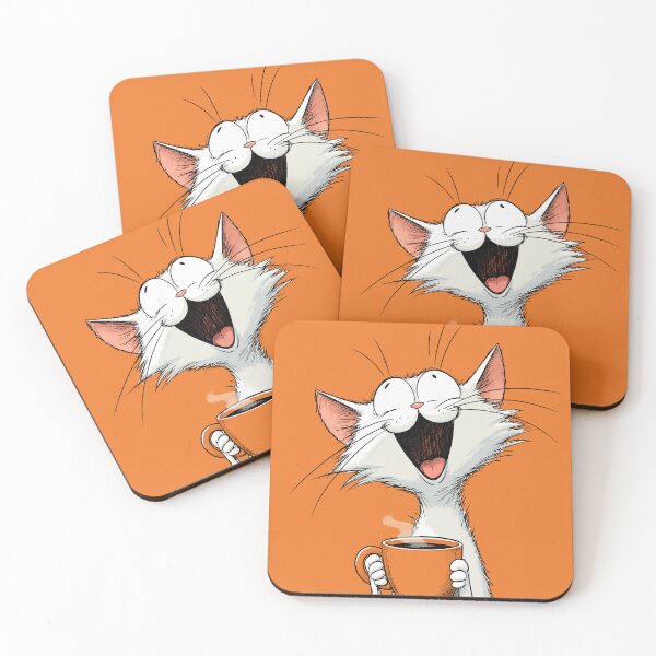 Item preview, Happy Excited Morning Coffee Cat Funny Caffeinated White Kitten Comic Graphic designed and sold by The Upside Down.
