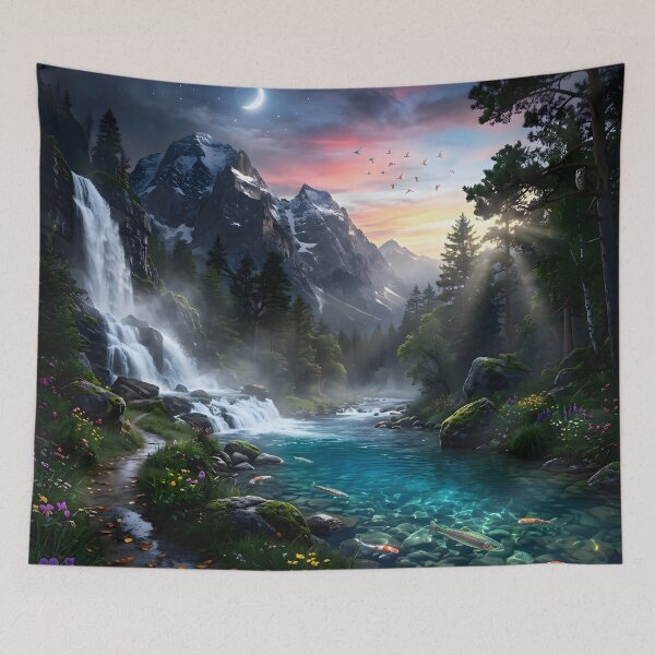 Item preview, Serene Mountain Waterfall River Landscape designed and sold by hutofdesigns.