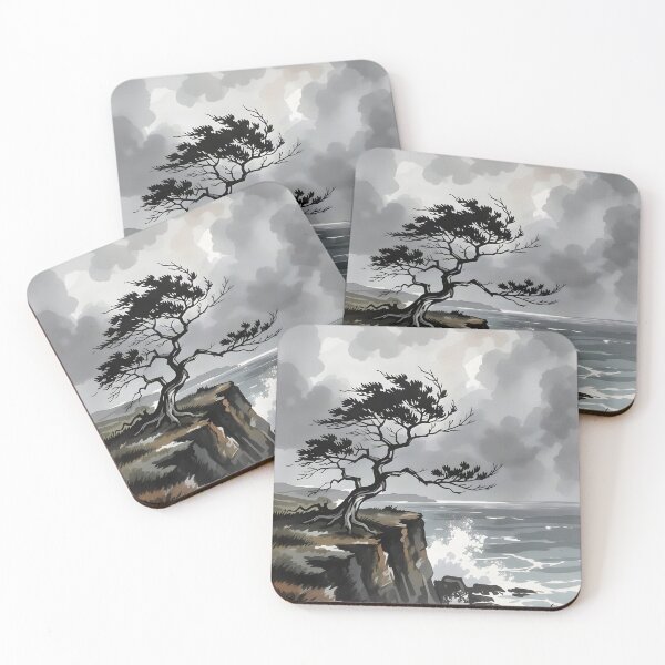 Item preview, A lone, ancient tree standing on a windswept cliff overlooking a stormy sea. designed and sold by Ponted.