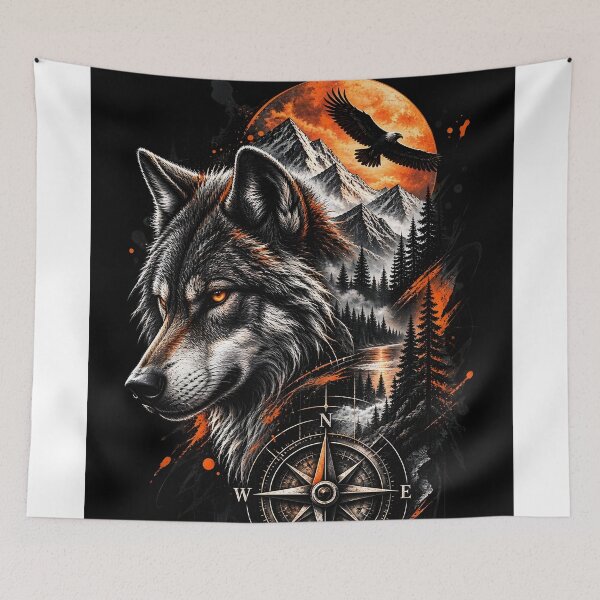 Item preview, Wolf Spirit in the Wilderness – Mountain, Raven & Compass designed and sold by DoveArtDesigns.