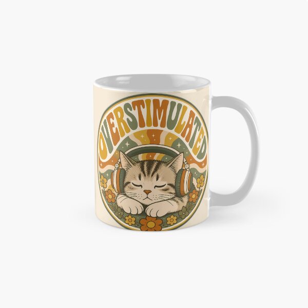 Item preview, Overstimulated Sleeping Cat - Retro 70s Groovy Introvert Badge Sticker designed and sold by Swizzy2vore.