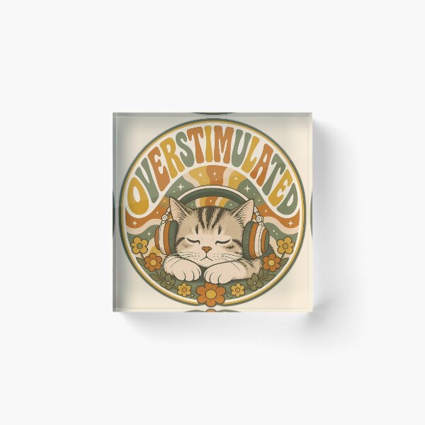 Item preview, Overstimulated Sleeping Cat - Retro 70s Groovy Introvert Badge Sticker designed and sold by Swizzy2vore.