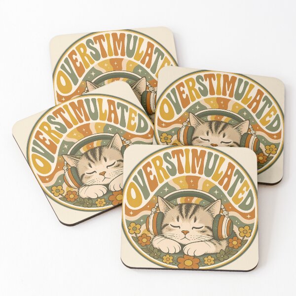 Item preview, Overstimulated Sleeping Cat - Retro 70s Groovy Introvert Badge Sticker designed and sold by Swizzy2vore.
