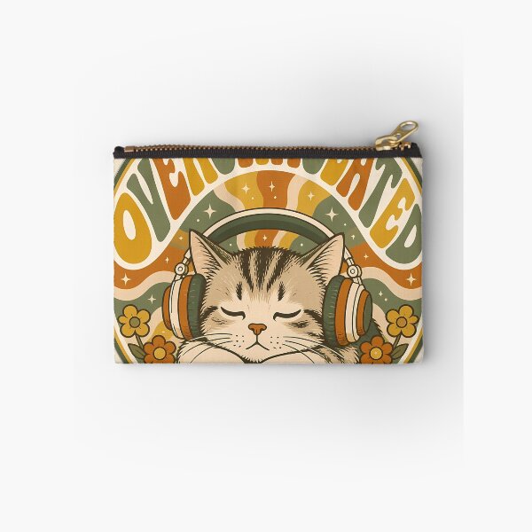 Item preview, Overstimulated Sleeping Cat - Retro 70s Groovy Introvert Badge Sticker designed and sold by Swizzy2vore.