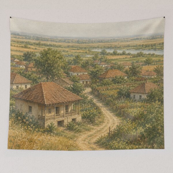 Item preview, Goicea Village Landscape in Watercolour Country Art designed and sold by FurusatoGallery.
