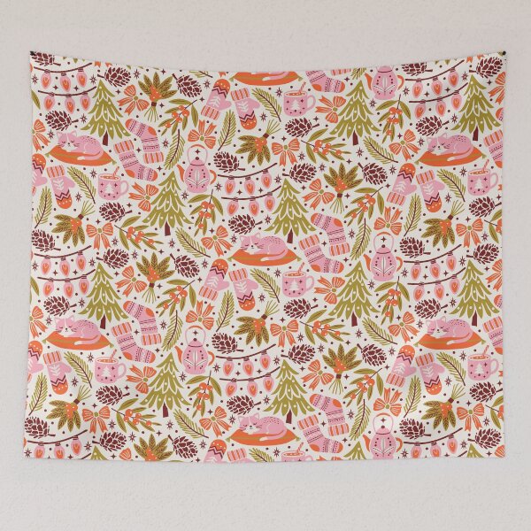 Item preview, Cozy Holiday Christmas Trees Cats And Bows In Green Pink And Orange designed and sold by EliveraDesigns.