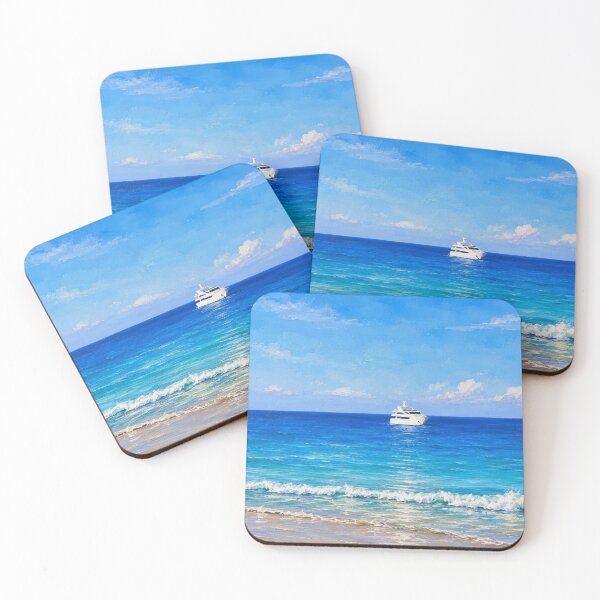 Item preview, Luxury Yacht on Turquoise Sea, Tropical Beach Impasto Oil Painting designed and sold by BlossoraStudio.