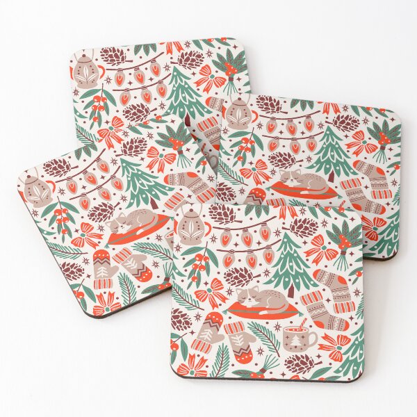 Item preview, Cozy Holiday Christmas Trees Cats And Bows In Teal Bugundy And Red  designed and sold by EliveraDesigns.