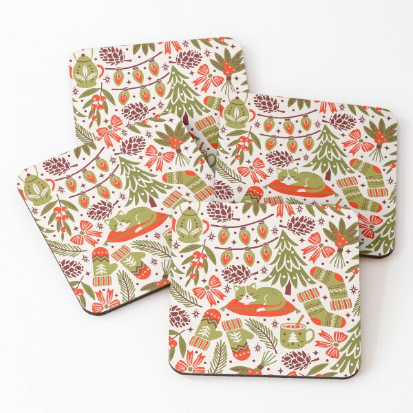 Item preview, Cozy Holiday Christmas Trees Cats And Bows In Green Burgundy And Red designed and sold by EliveraDesigns.