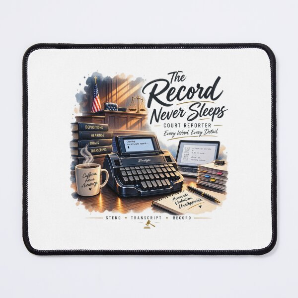 Item preview, The Record Never Sleeps – Court Reporter Stenotype Gift designed and sold by amndro.