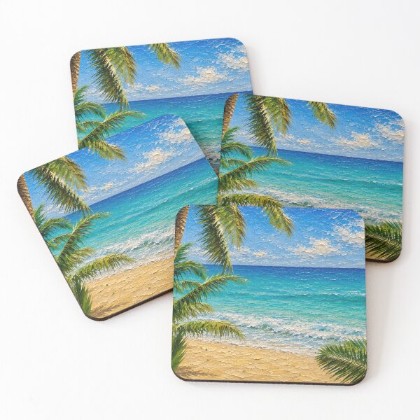 Item preview, Tropical Beach and Coconut Palms, Ocean Wave Impasto Oil Painting designed and sold by BlossoraStudio.