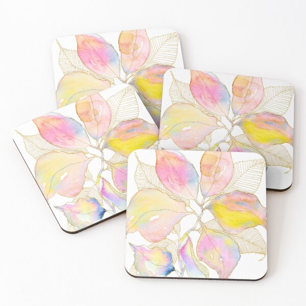 Item preview, Pastel Botanical Leaves: Pink Yellow Watercolour with Gold Linework designed and sold by ArithraStudio.