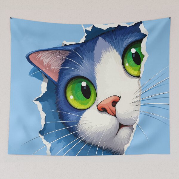 Item preview, Peeking Blue Tuxedo Cat Green Eyes Ripped Paper Hole 3D Art Graphic designed and sold by The Upside Down.