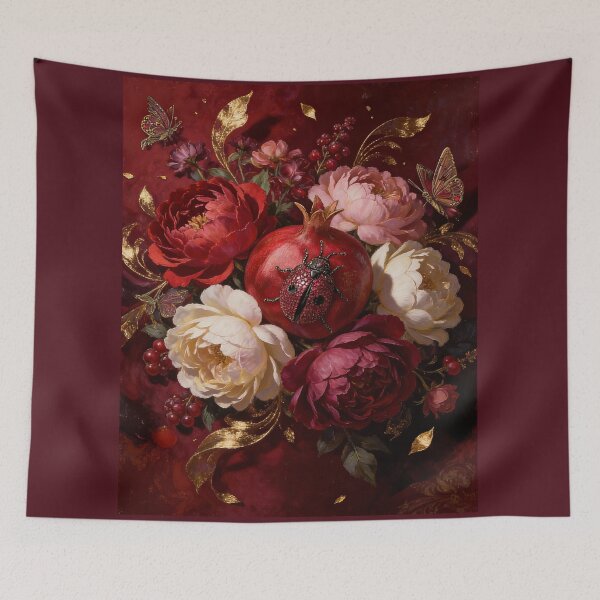 Item preview, Baroque Oil Painting Peonies Pomegranate and Ladybug Art designed and sold by DMarquiseArt.