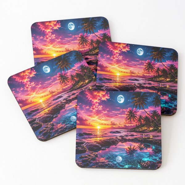 Item preview, Neon Tropical Paradise Sunset Full Moon & Crystal Rock Pools designed and sold by DreamyWallVibes.