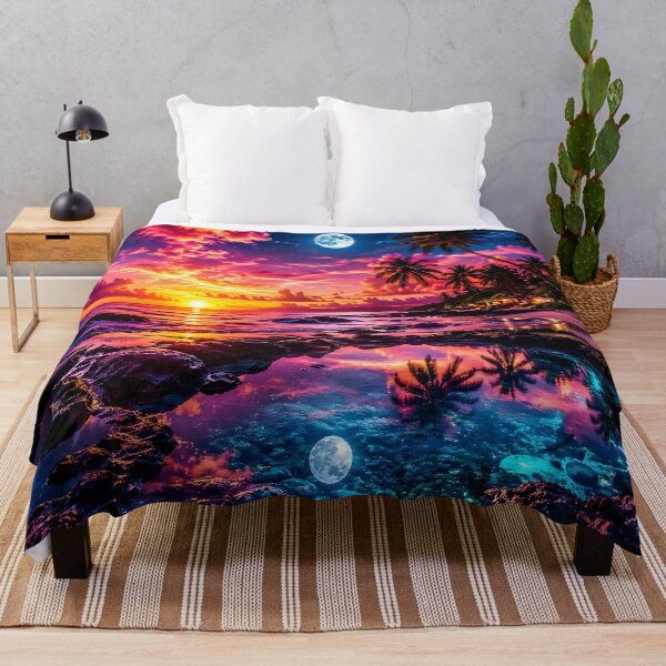Item preview, Neon Tropical Paradise Sunset Full Moon & Crystal Rock Pools designed and sold by DreamyWallVibes.