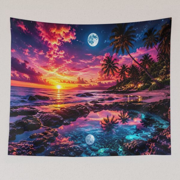 Item preview, Neon Tropical Paradise Sunset Full Moon & Crystal Rock Pools designed and sold by DreamyWallVibes.
