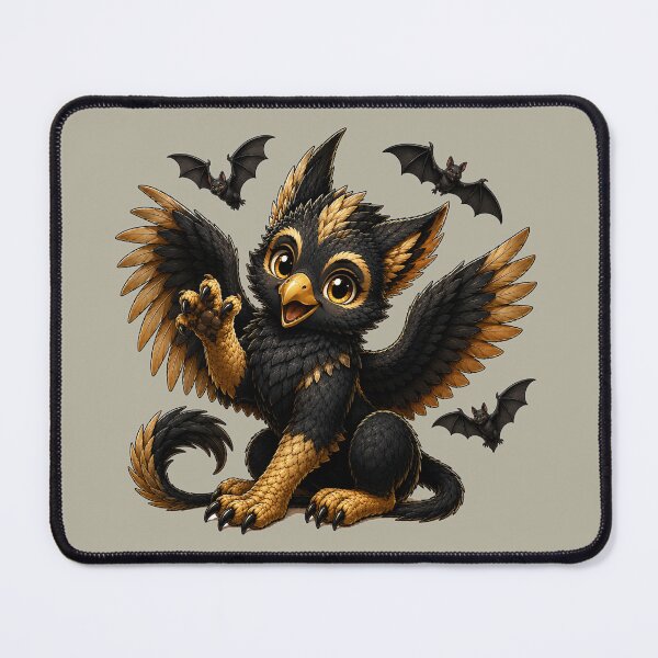 Artikelvorschau, Gruseliger schwarzer und goldener Babygreif mit Fledermäusen – Niedliche Gothic-Halloween-Fantasie entworfen und verkauft von Hatchling Hollow.