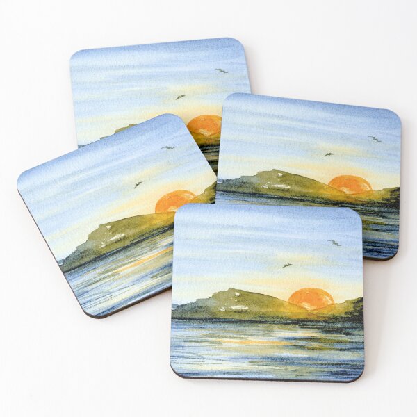 Item preview, Coastal Sunset Seascape: Watercolour Landscape with Birds designed and sold by ArithraStudio.