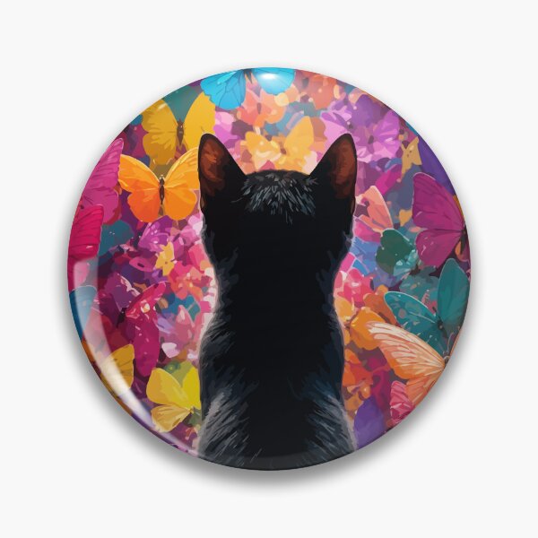 Item preview, Black Cat in Butterfly Garden Colorful Whimsical Feline Graphic Art designed and sold by The Upside Down.