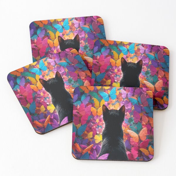 Item preview, Black Cat in Butterfly Garden Colorful Whimsical Feline Graphic Art designed and sold by The Upside Down.