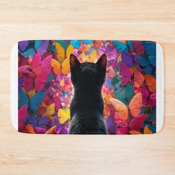 Item preview, Black Cat in Butterfly Garden Colorful Whimsical Feline Graphic Art designed and sold by The Upside Down.