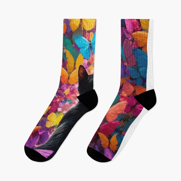Item preview, Black Cat in Butterfly Garden Colorful Whimsical Feline Graphic Art designed and sold by The Upside Down.