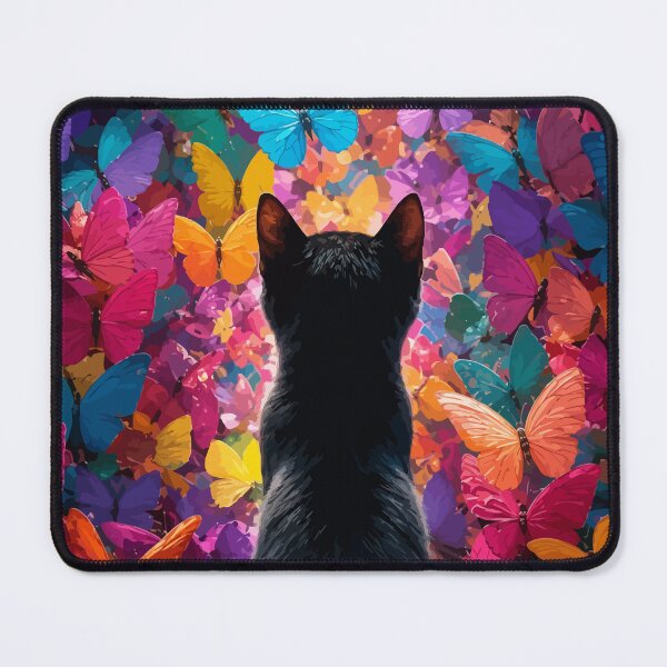 Item preview, Black Cat in Butterfly Garden Colorful Whimsical Feline Graphic Art designed and sold by The Upside Down.