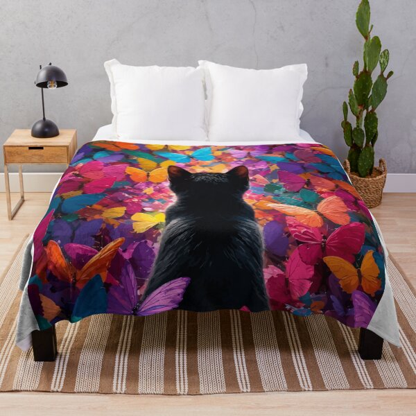 Item preview, Black Cat in Butterfly Garden Colorful Whimsical Feline Graphic Art designed and sold by The Upside Down.