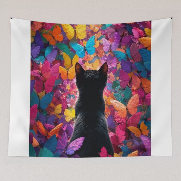 Item preview, Black Cat in Butterfly Garden Colorful Whimsical Feline Graphic Art designed and sold by The Upside Down.