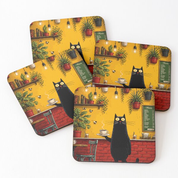 Item preview, Black Cat Barista Coffee Shop Cafe Cozy Botanical Whimsical Art designed and sold by The Upside Down.