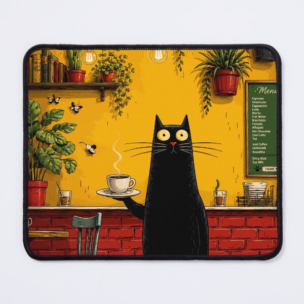 Item preview, Black Cat Barista Coffee Shop Cafe Cozy Botanical Whimsical Art designed and sold by The Upside Down.