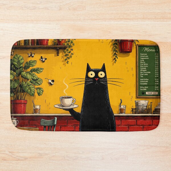 Item preview, Black Cat Barista Coffee Shop Cafe Cozy Botanical Whimsical Art designed and sold by The Upside Down.