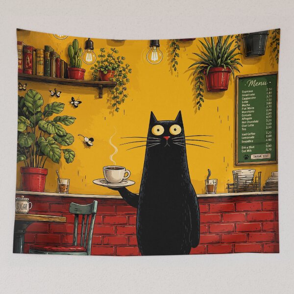 Item preview, Black Cat Barista Coffee Shop Cafe Cozy Botanical Whimsical Art designed and sold by The Upside Down.