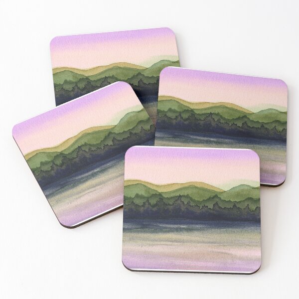 Item preview, Layered Green Hills: Pink Sky Watercolour Landscape designed and sold by ArithraStudio.