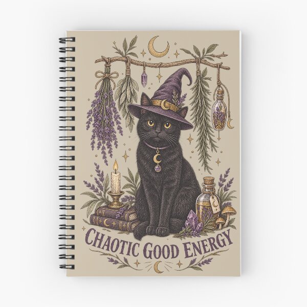 Item preview, Witch Cat Chaotic Good Energy T-Shirt | Black Cat Herb Witch Illustration designed and sold by Hearth & Hollow.
