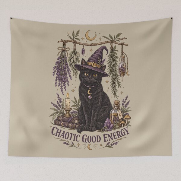 Item preview, Witch Cat Chaotic Good Energy T-Shirt | Black Cat Herb Witch Illustration designed and sold by Hearth & Hollow.